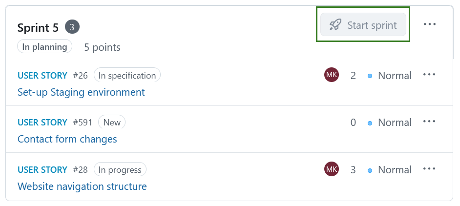 Start sprint button in the Backlogs module interface
