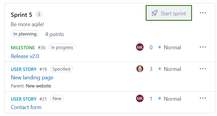 Bouton « Démarrer le sprint » dans l’interface du module Backlogs