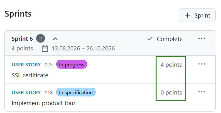 Pontos de história atribuídos a pacotes de trabalho num sprint no módulo de backlogs do OpenProject