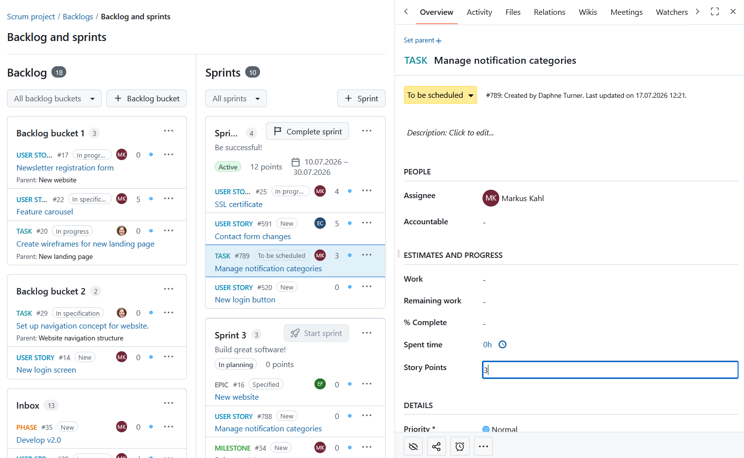 Modifier les story points d’un lot de travaux dans le module Backlogs d’OpenProject