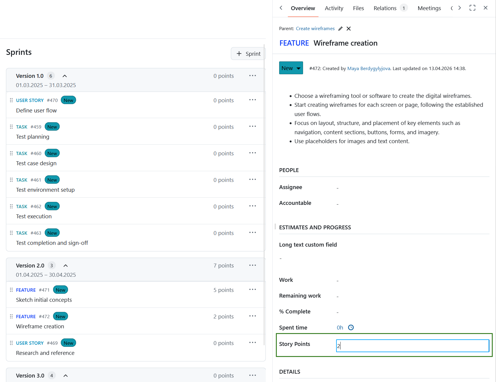 Editar puntos de historia para un paquete de trabajo en el módulo Backlogs en OpenProject
