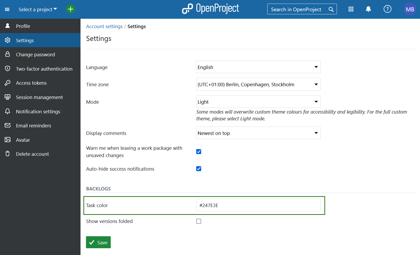 Task-Farbe unter Kontoeinstellungen in OpenProject einstellen