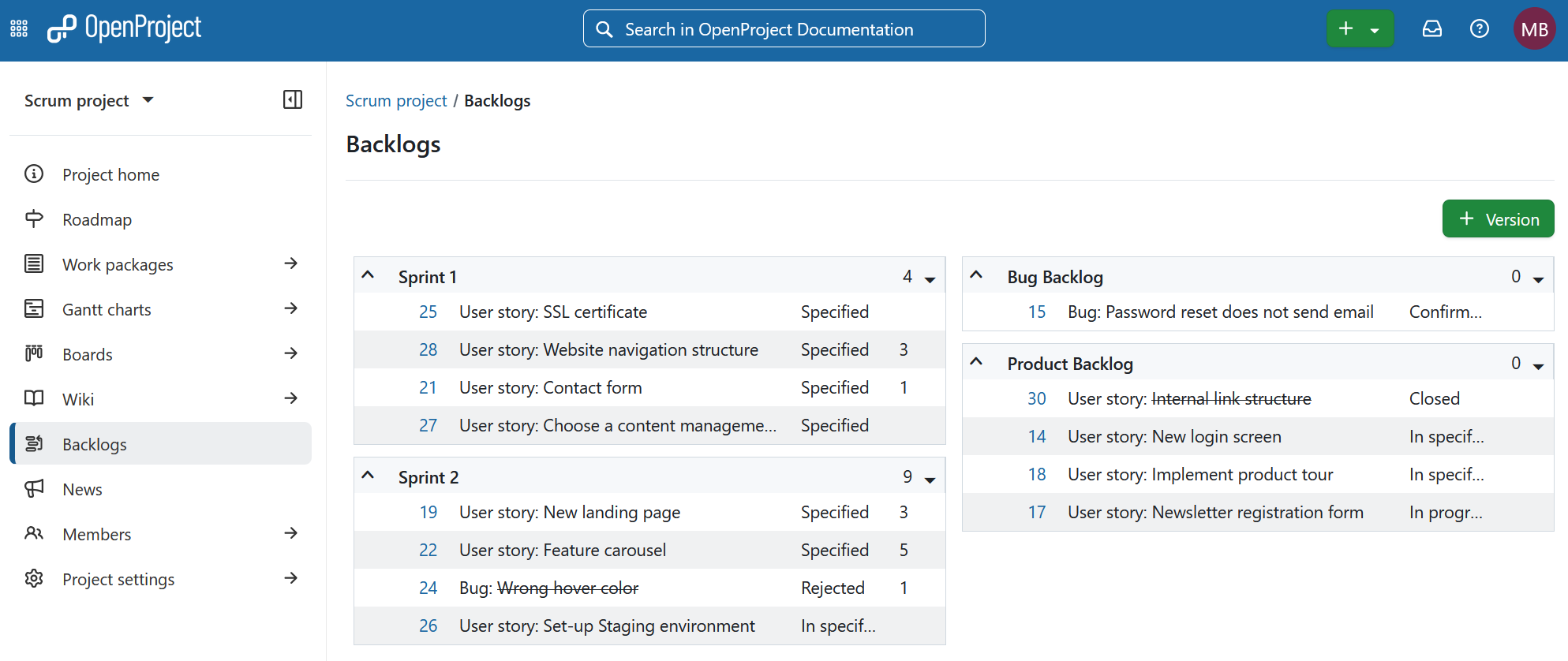 Backlogs module opened in an OpenProject project