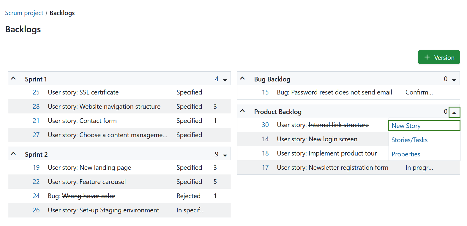 Create a new user story from a product backlog in Backlogs module in OpenProject