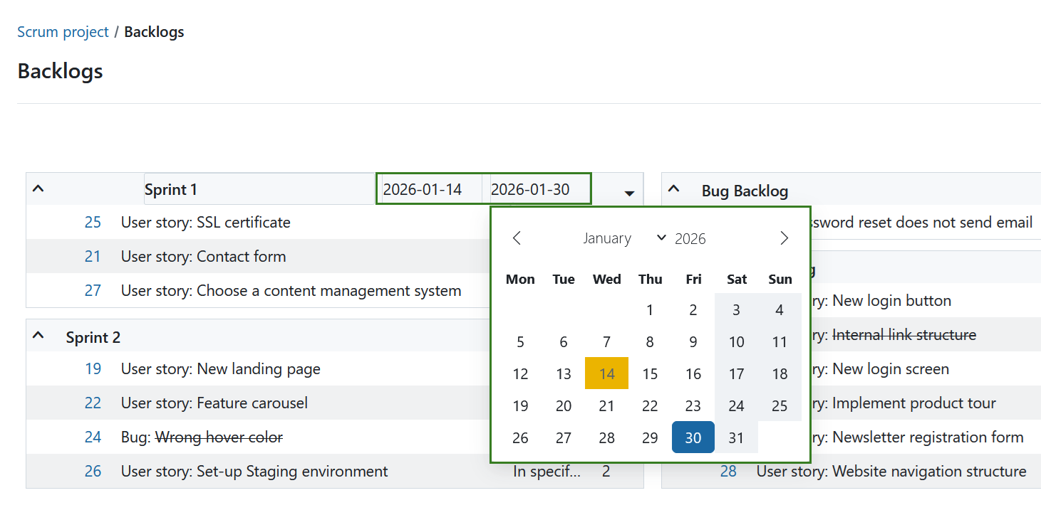Edit sprint duration in an OpenProject backlog module
