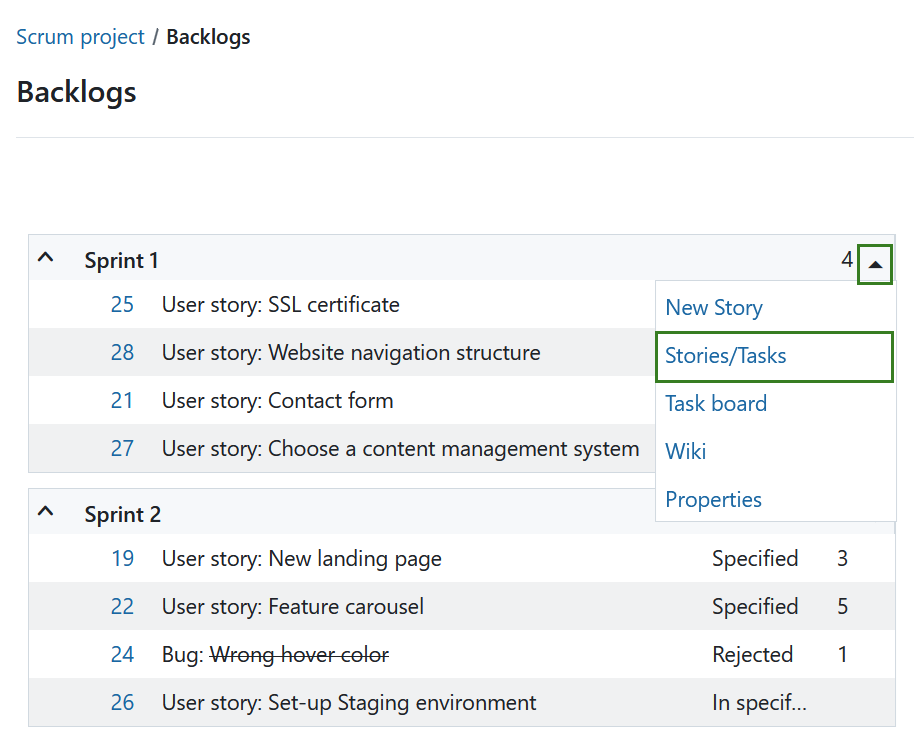 Stories/tasks option in an opened dropdown menu behind a sprint in OpenProject Backlogs module