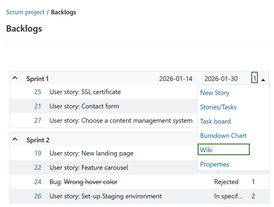 Dropdown menu showing “Wiki” as an option in sprint dropdown menu in OpenProject backlogs module