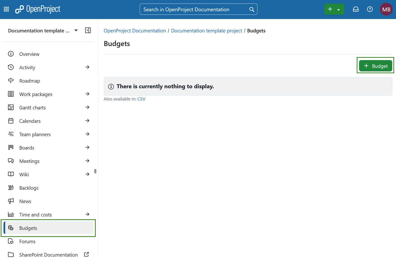 Ein Knopf, um ein neues Budget im OpenProject Budget Modul zu erstellen
