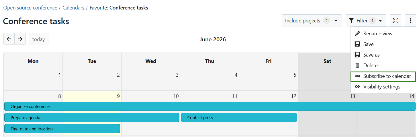 Subscreva o calendário no menu «Mais»