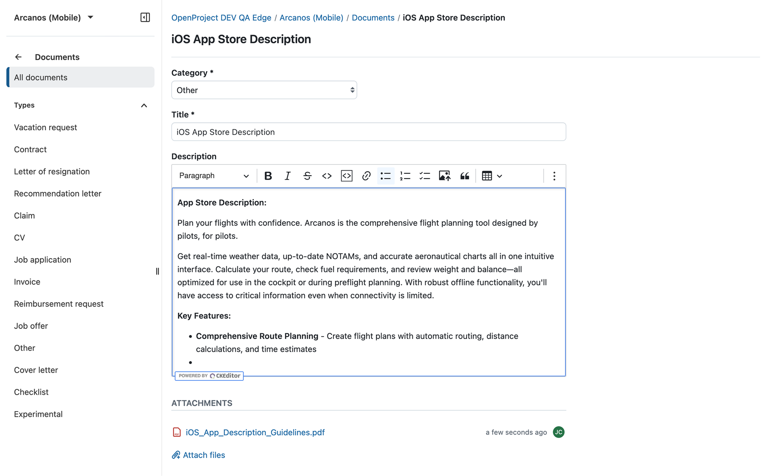 Edit a document in OpenProject Documents module