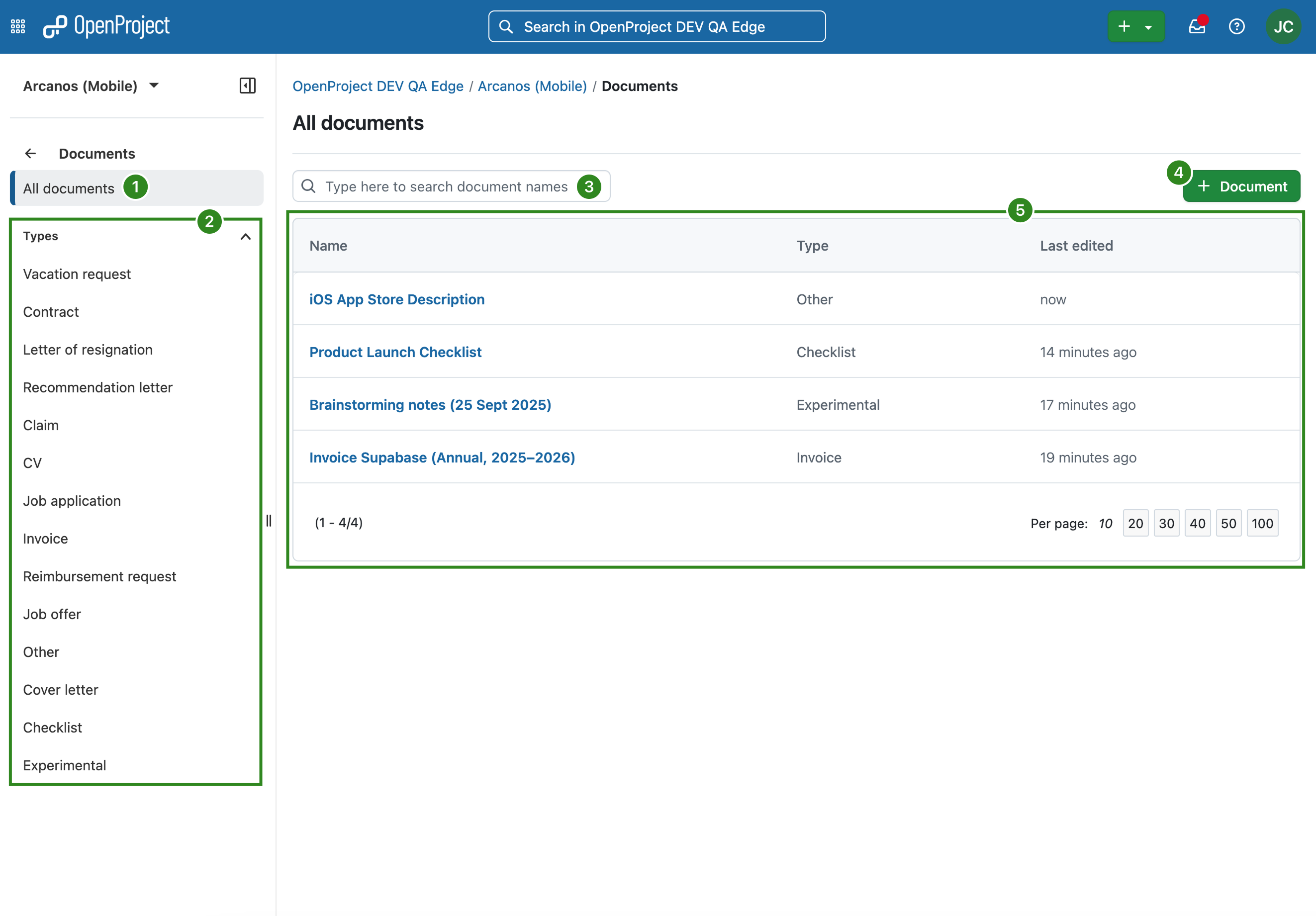 Documents index lists of all available documents in an OpenProject project