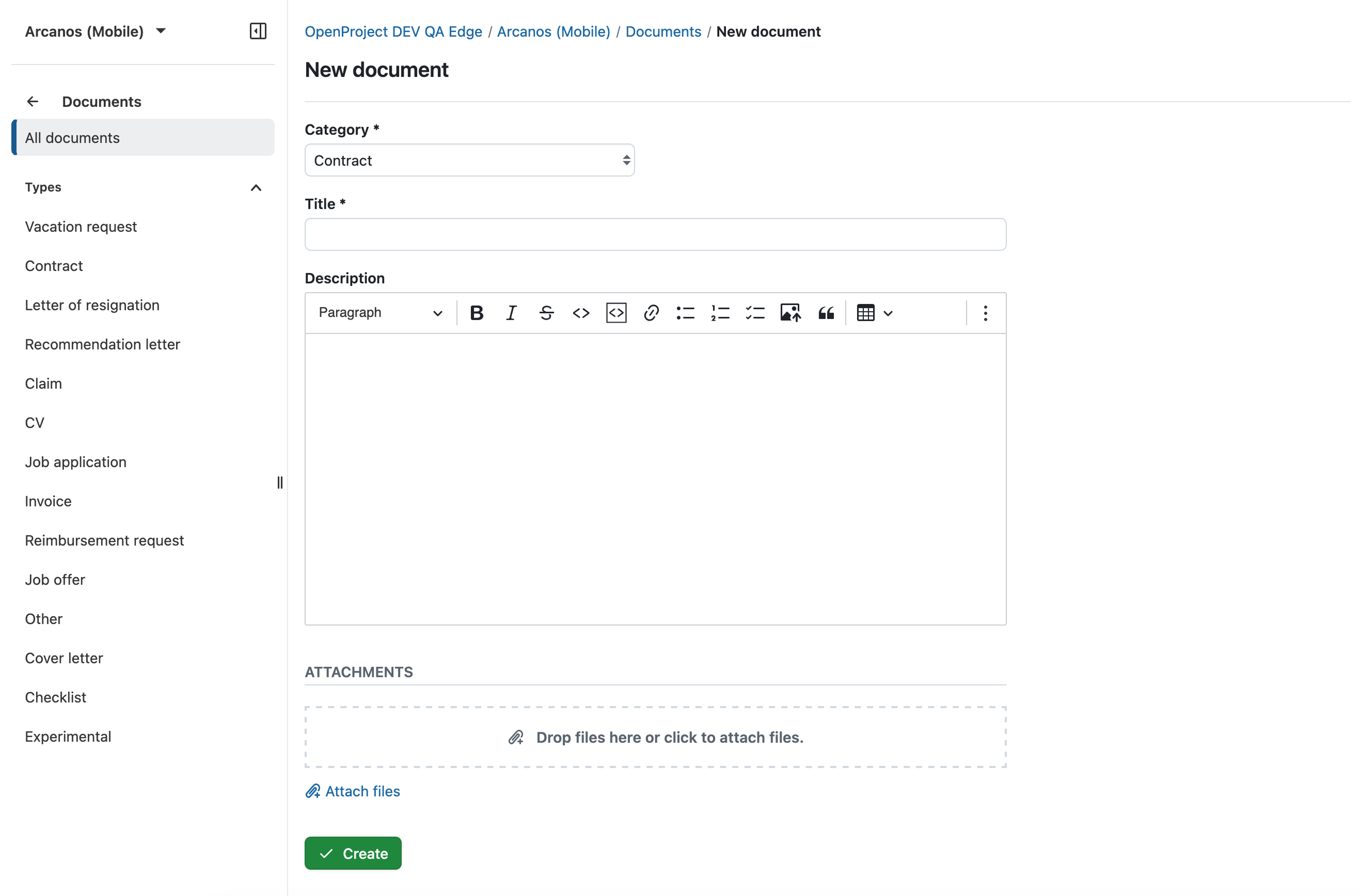 Create a new document in OpenProject Documents module
