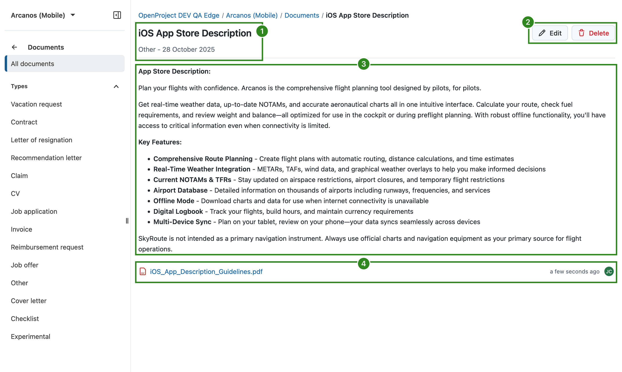 Viewing a document with an attachment in OpenProject