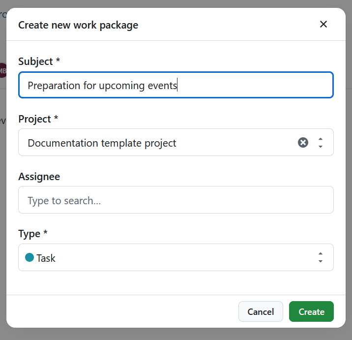 Arbeitspaket-Formular mit dem hervorgehobenen Text, der als Betreff vorausgefüllt ist