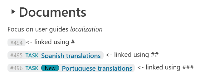 Work package linked three times inline in OpenProject documents module, showing different amounts of information depending on how many hashtags are used