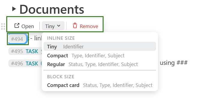 Context menu to change display options for a linked work package in OpenProject Documents module