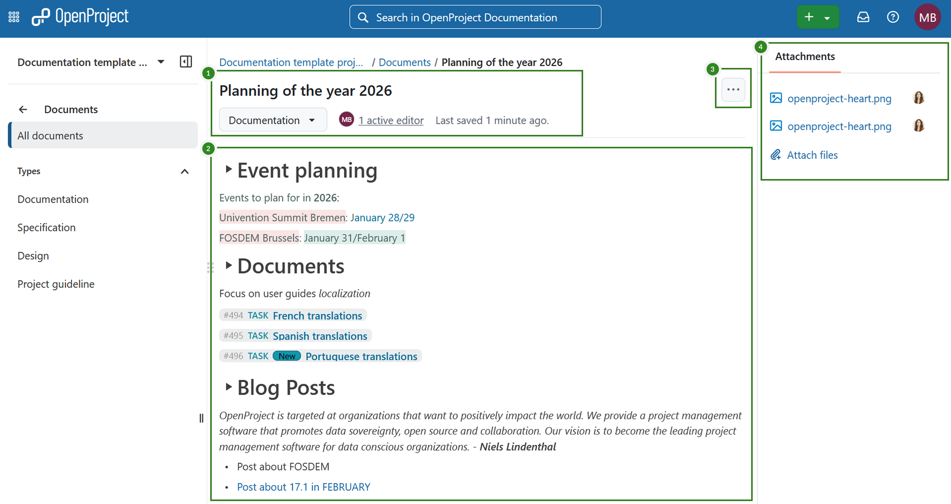 Viewing a document with an attachment in OpenProject
