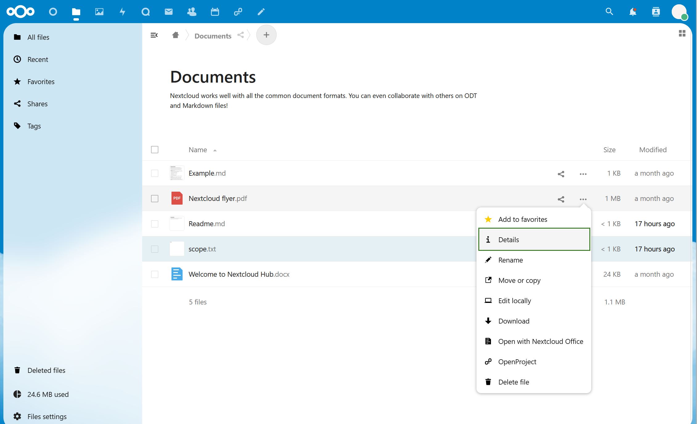 Abrir detalles de archivos en Nextcloud