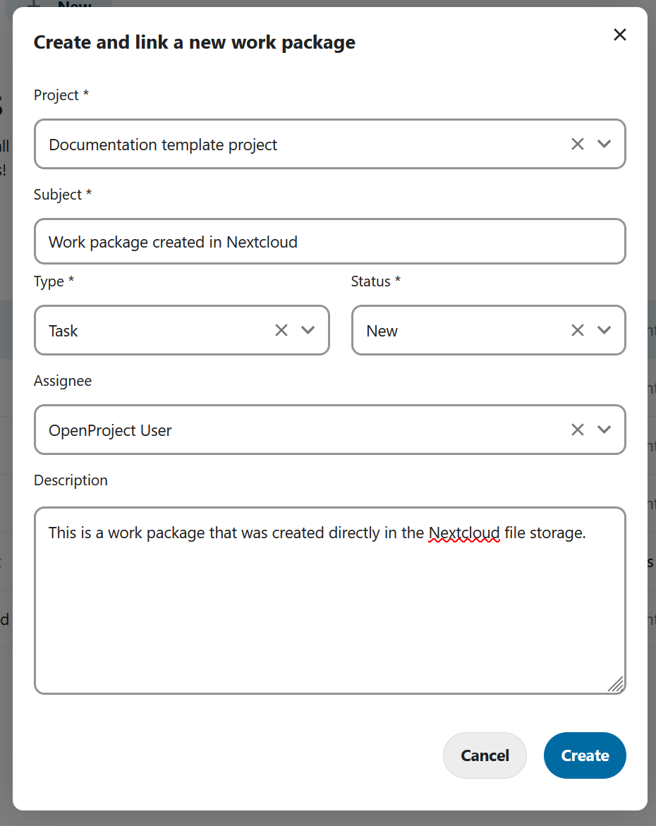 Specify details of a new OpenProject work package created in Nextcloud