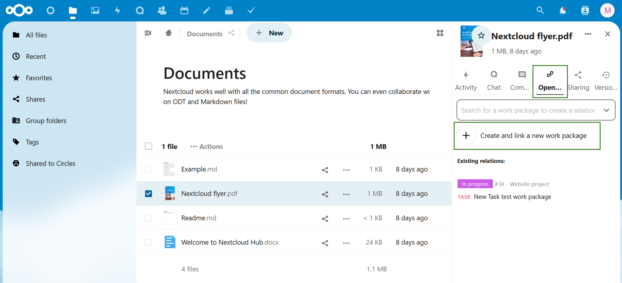Create a new OpenProject work package from Nextcloud