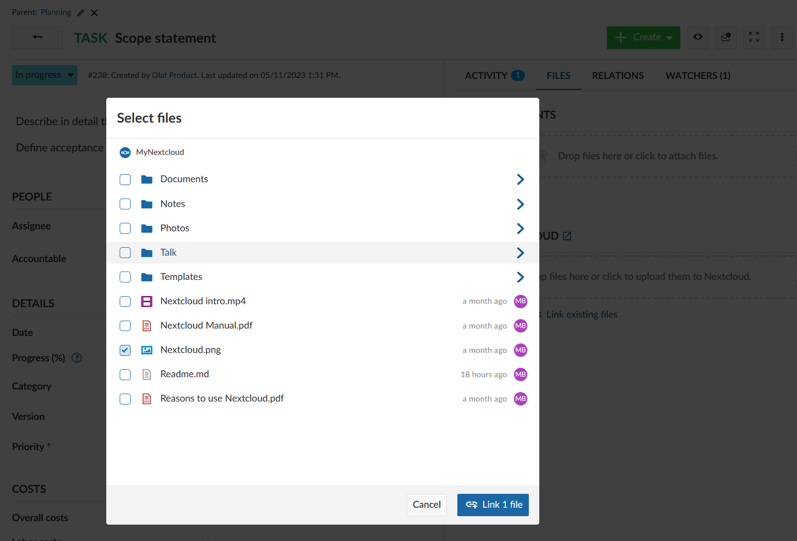 Sélectionnez un fichier à lier dans Nextcloud