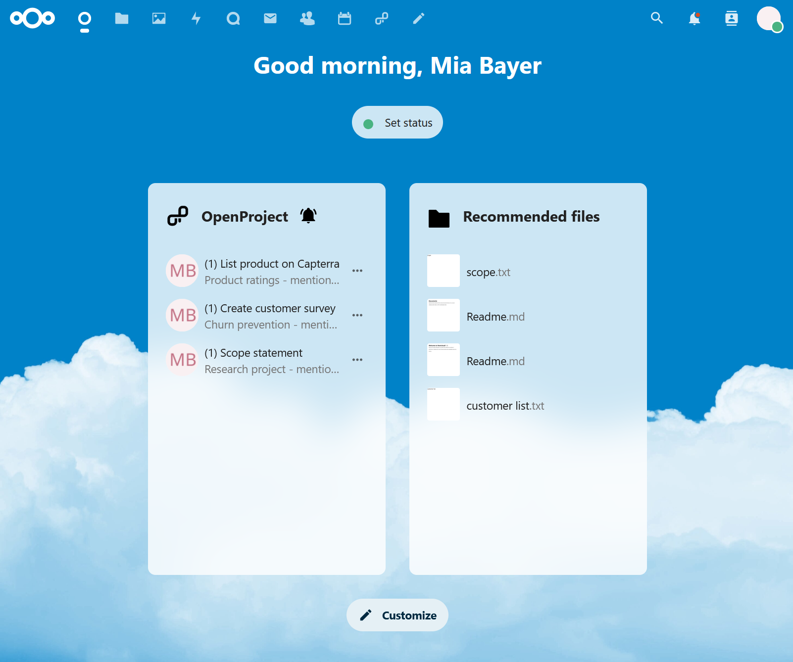 Widget OpenProject dans le tableau de bord Nextcloud