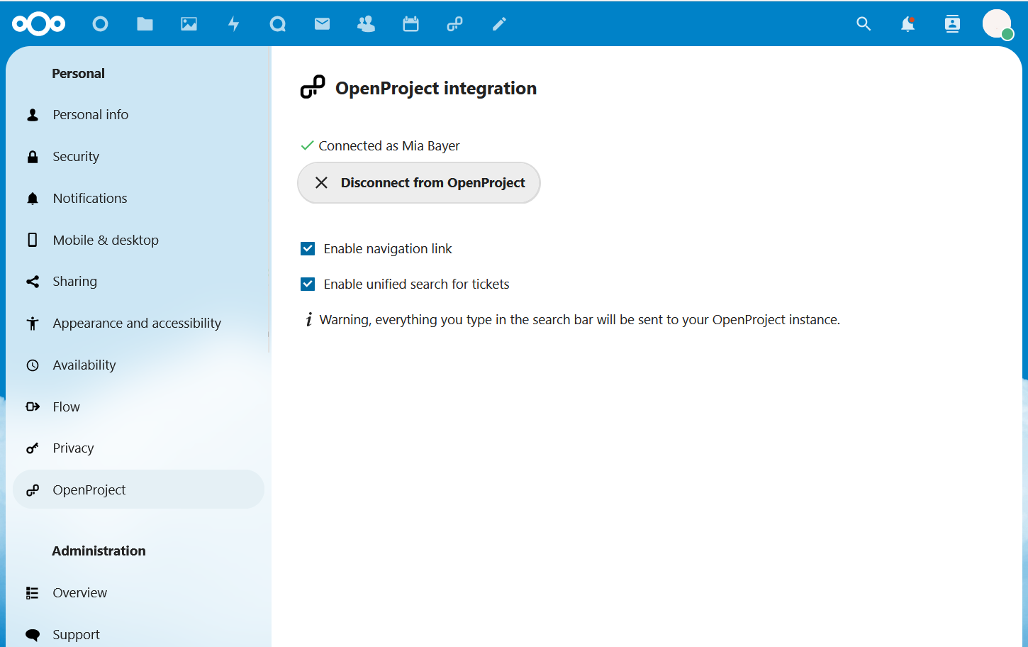 Nextcloud settings for OpenProject
