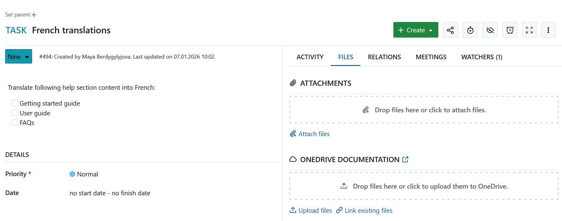 OneDrive Speicher ist in einem OpenProject Arbeitspaket verfügbar