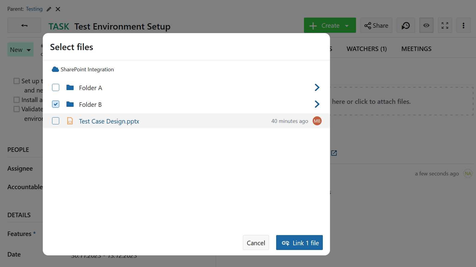 Sélectionner un fichier ou un dossier SharePoint à lier à un dossier de travail OpenProject