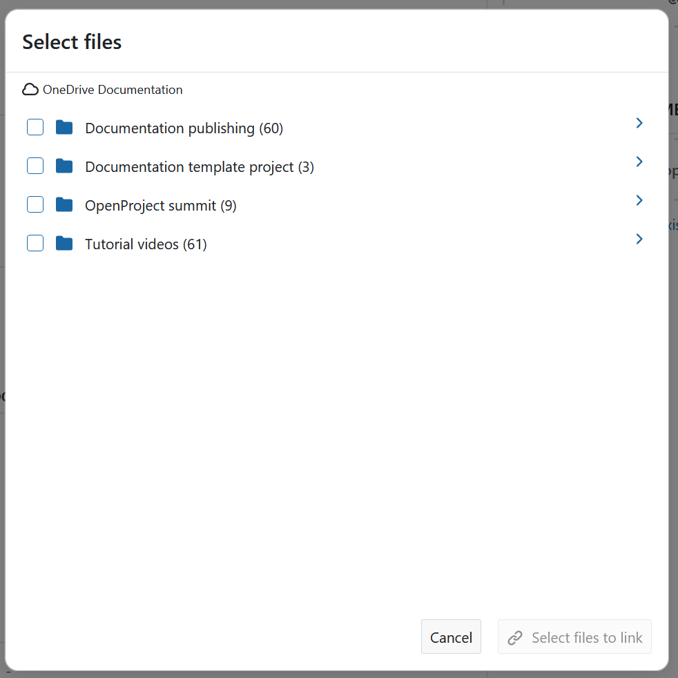 Auswahl einer OneDrive-Datei oder eines Ordners, um ein OpenProject Arbeitspaket zu verlinken