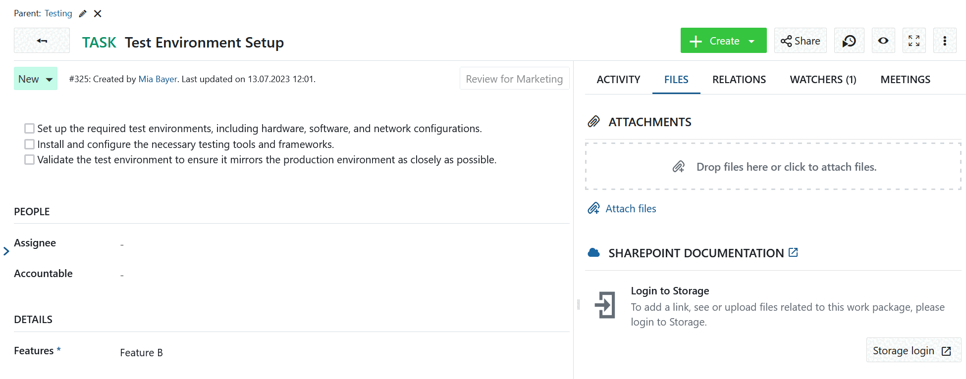 Anmelden zum Sharepoint-Speicher von einem OpenProject Arbeitspaket