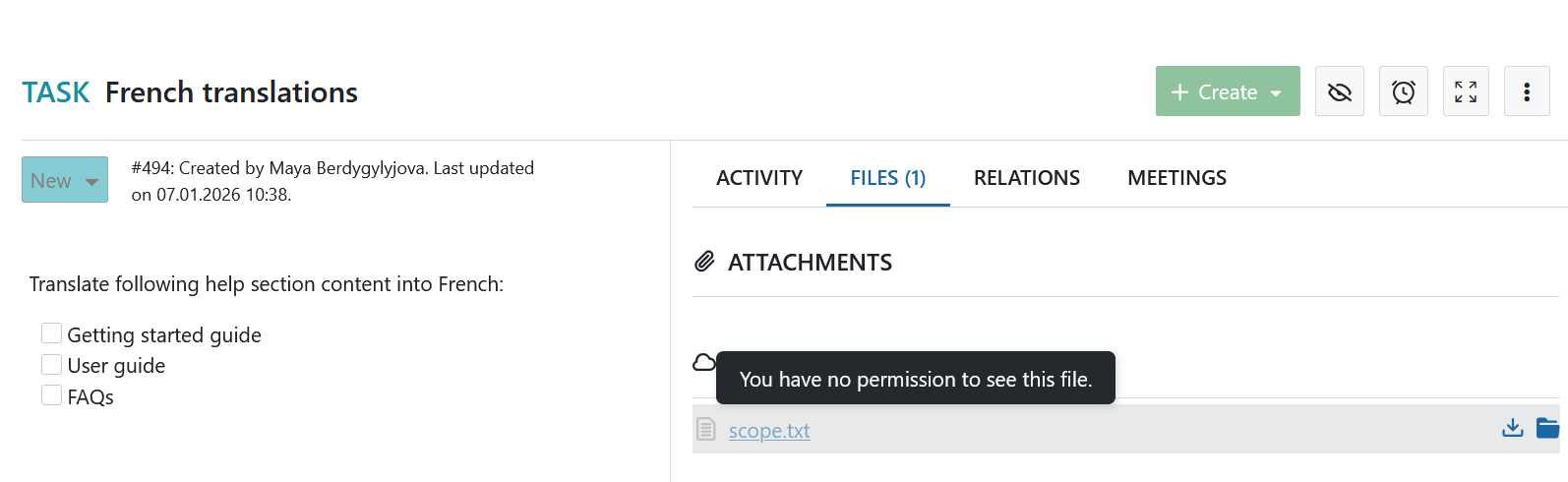 Fehlermeldung aufgrund fehlender Berechtigungen zum Anzeigen einer Datei in OpenProject