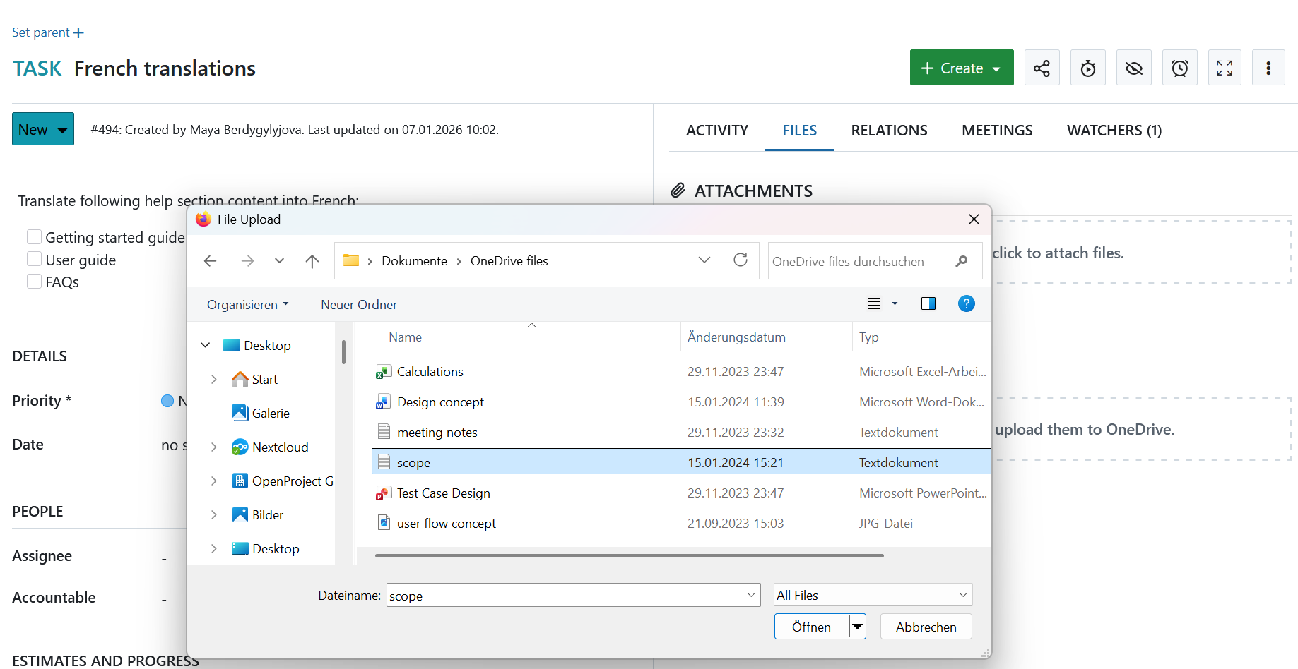Auswahl einer Datei zum Hochladen auf OneDrive in einem OpenProject-Arbeitspaket