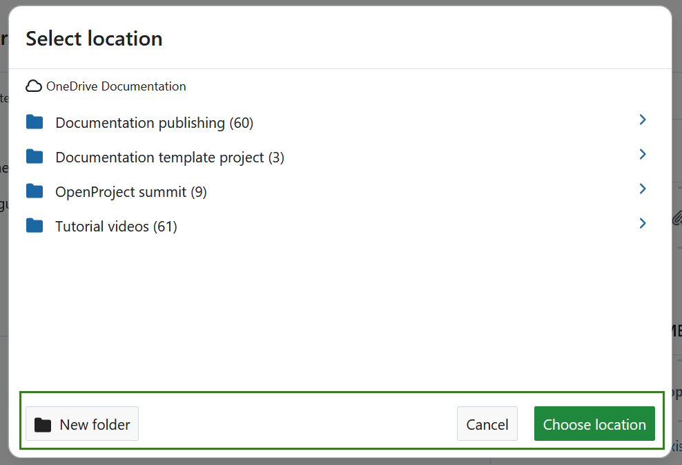 Auswahl eines OneDrive-Speicherorts zum Hochladen einer Datei aus OpenProject