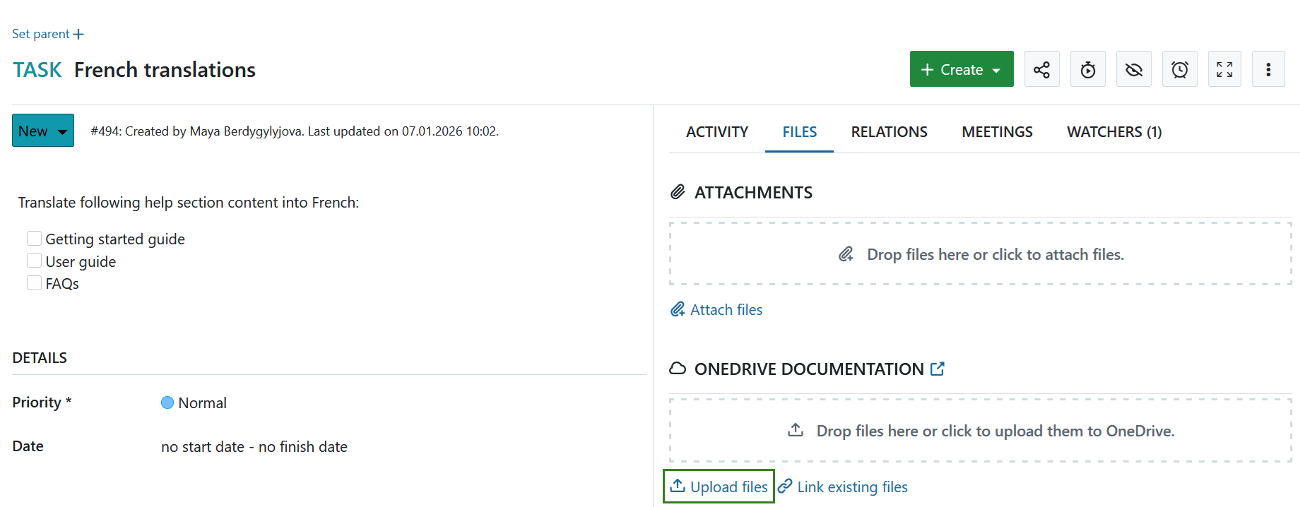 Datei hochladen Link in einem OpenProject Arbeitspaket