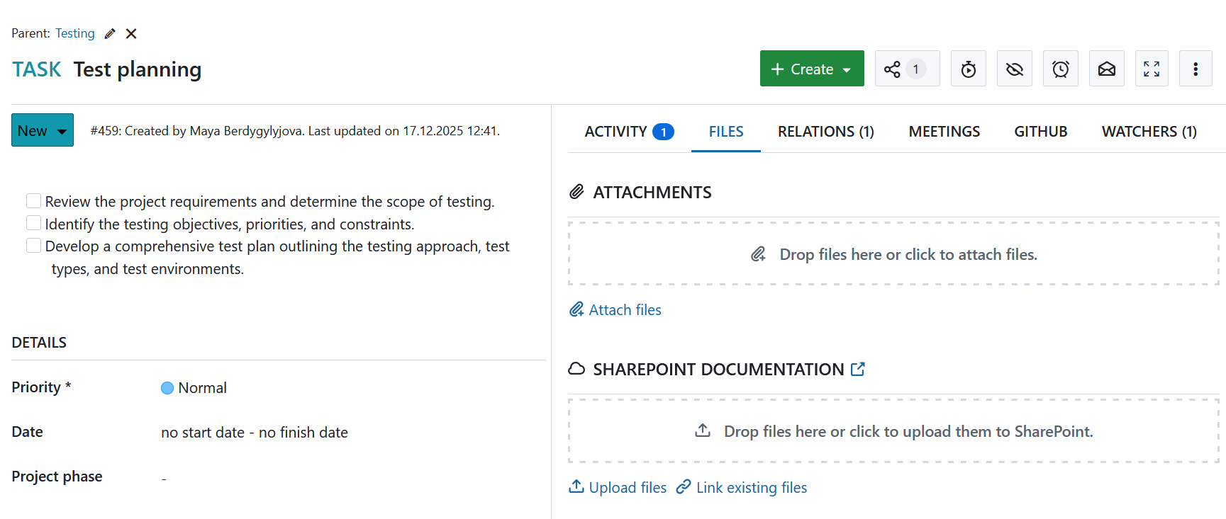 SharePoint storage is available in an OpenProject work package after initial Microsoft login