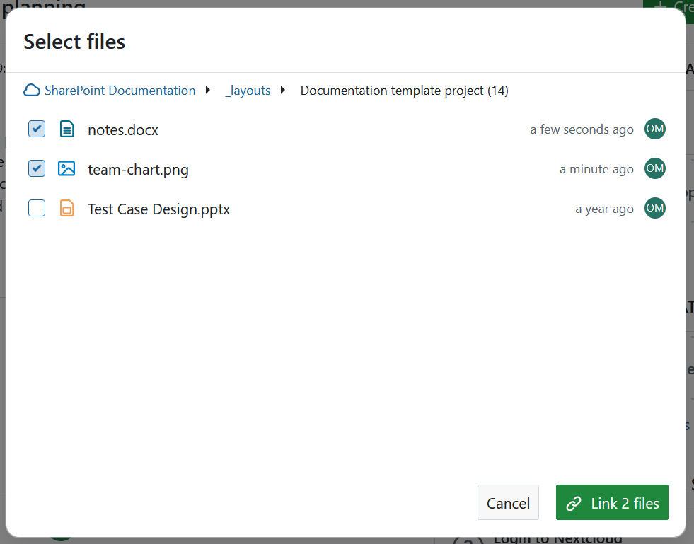 Select files to link to an OpenProject work package from a SharePoint file storage
