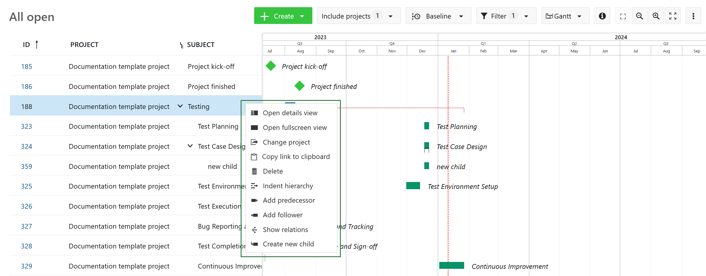 Quick context menu in OpenProject Gantt chart work packages view