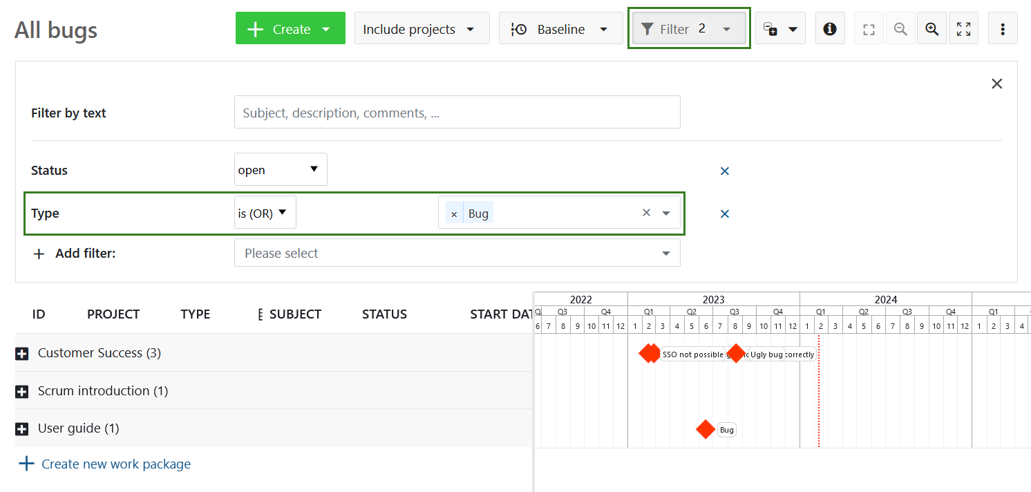 Filtern der Gantt-Diagramm-Ansicht für aggregierte Projekte in OpenProject