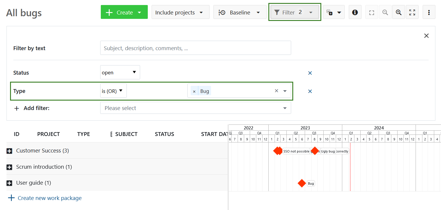 Filtering project aggregated projects Gantt chart view in OpenProject