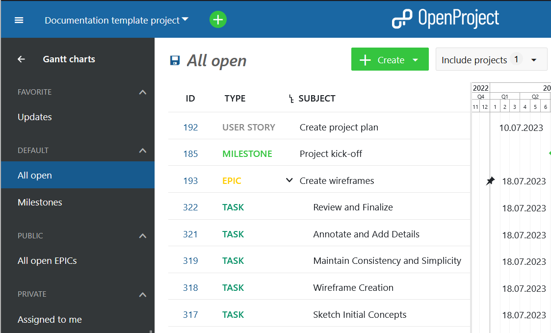 View options in OpenProject Gantt charts