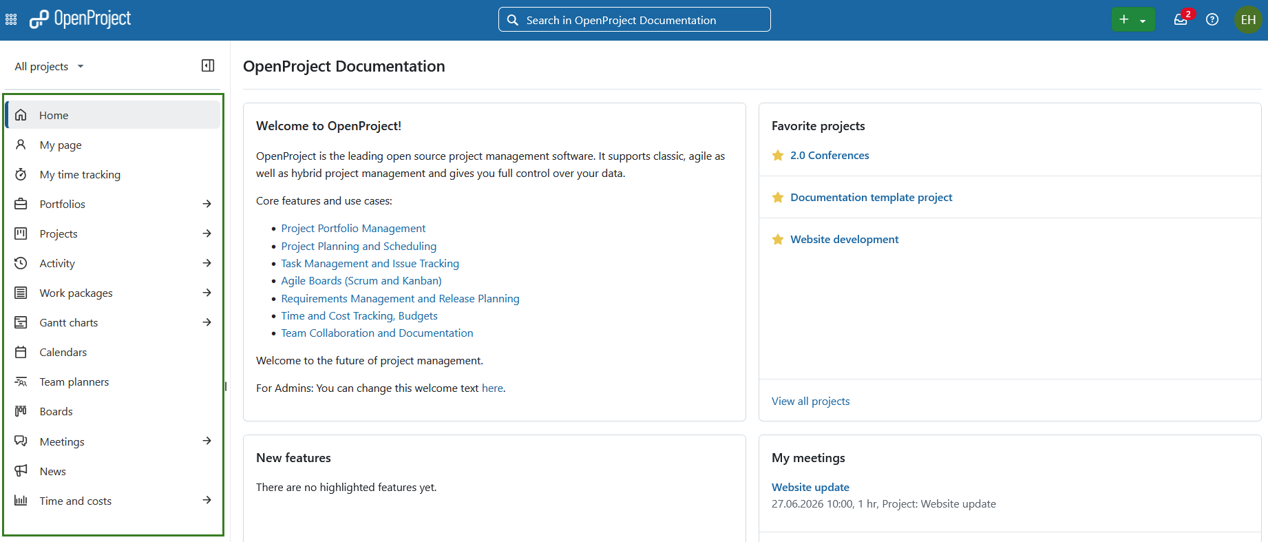 Navegar para o menu de módulos globais no OpenProject
