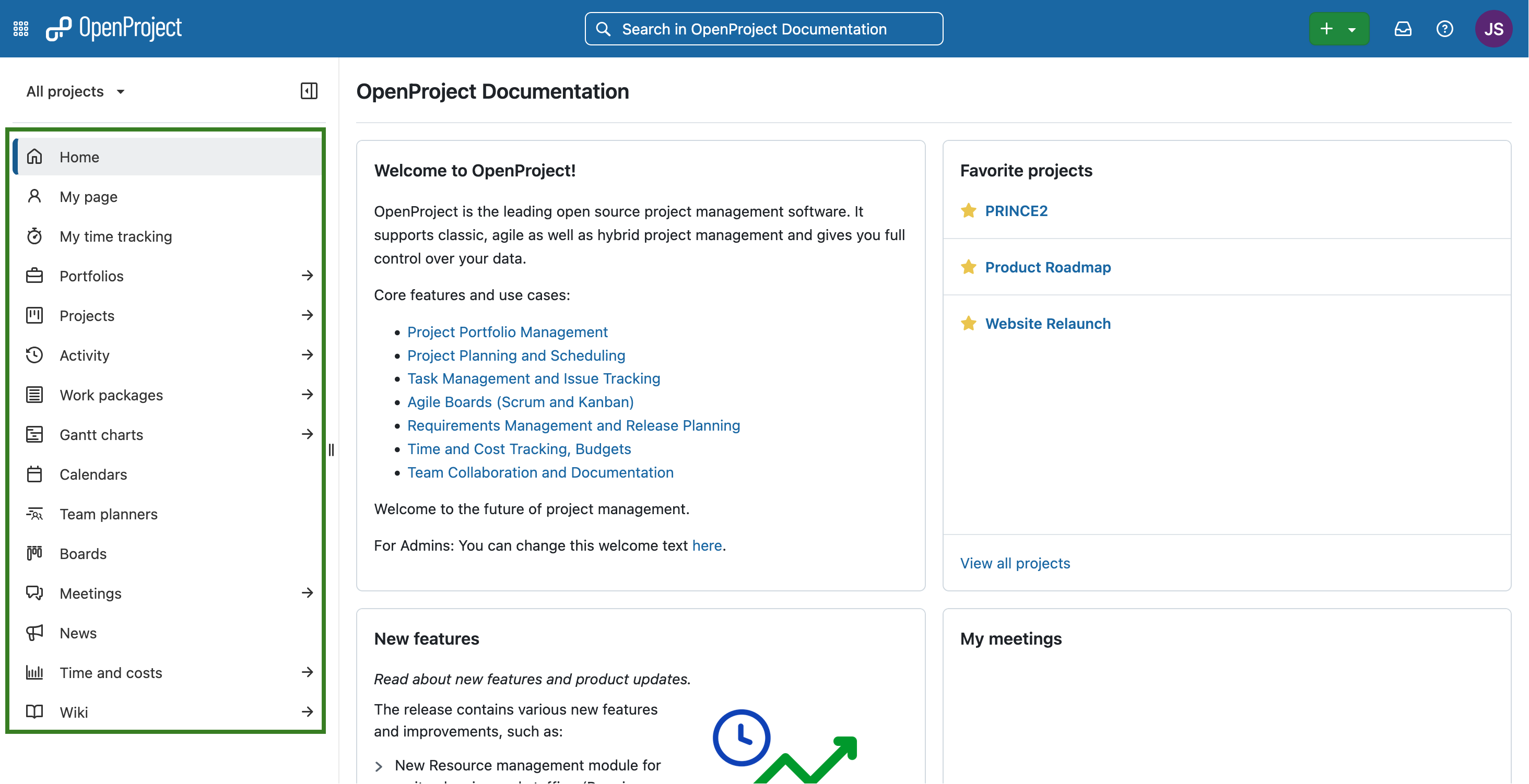 Navigating to global modules menu in OpenProject