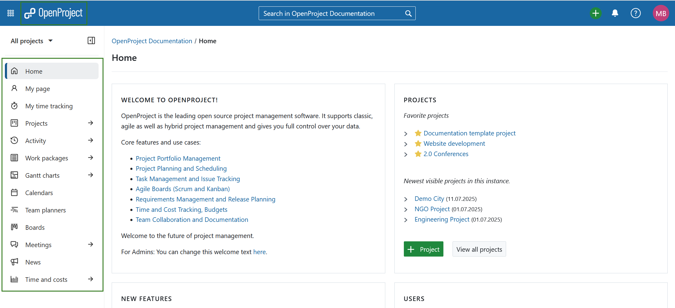 Naviguer vers le menu des modules globaux dans OpenProject