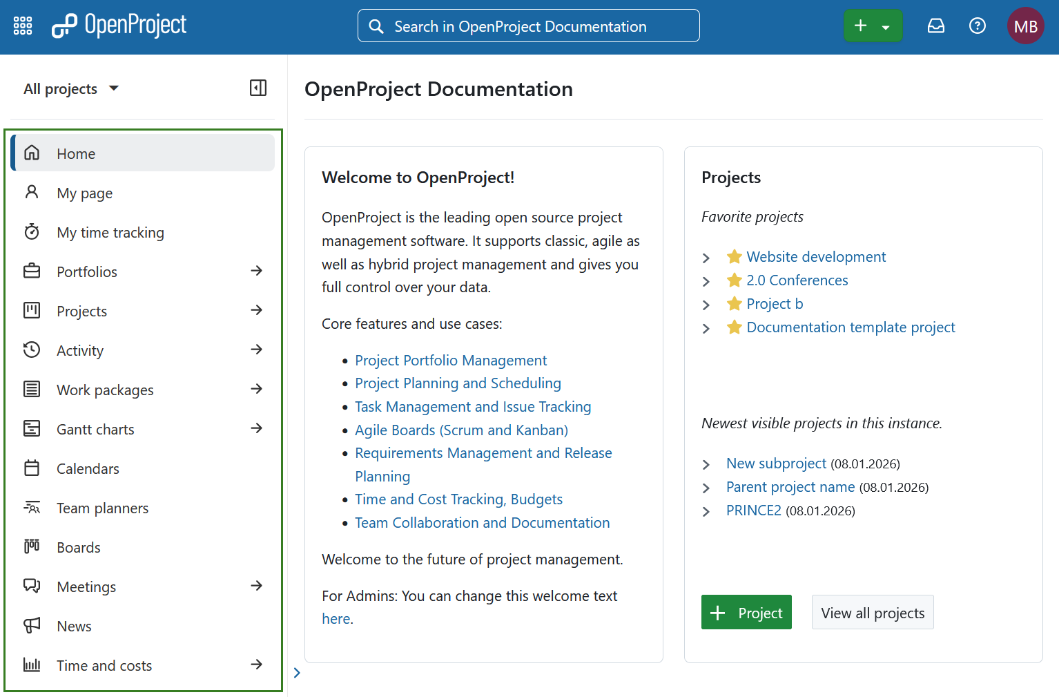 Navegar para o menu de módulos globais no OpenProject