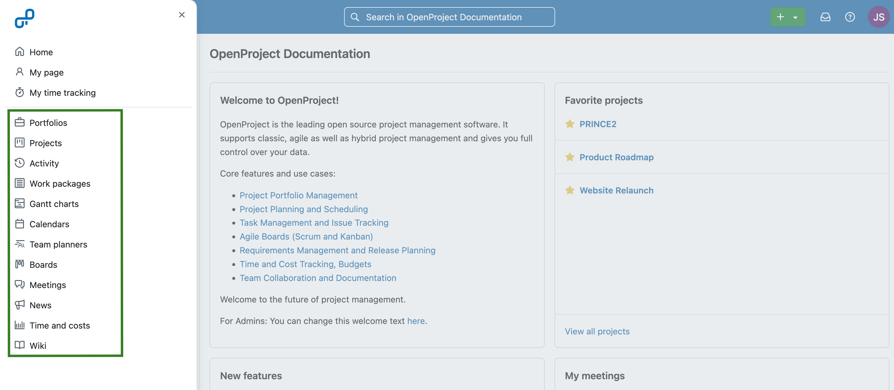 Navigating to global modules menu in OpenProject via grid icon