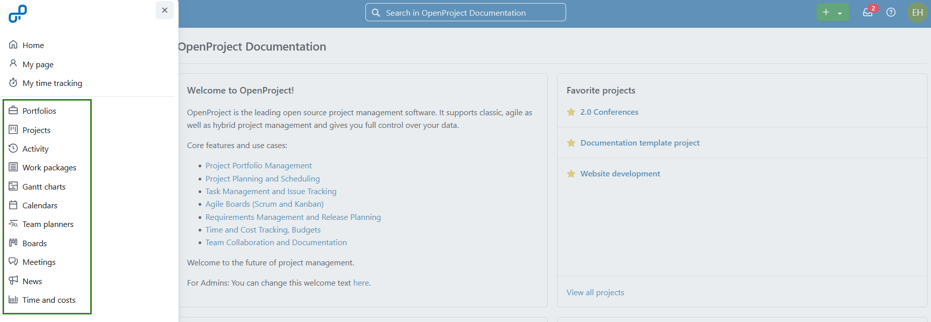 Navegar para o menu de módulos globais no OpenProject através do ícone de grelha