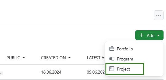 Síntese dos projetos do OpenProject no menu de módulos globais