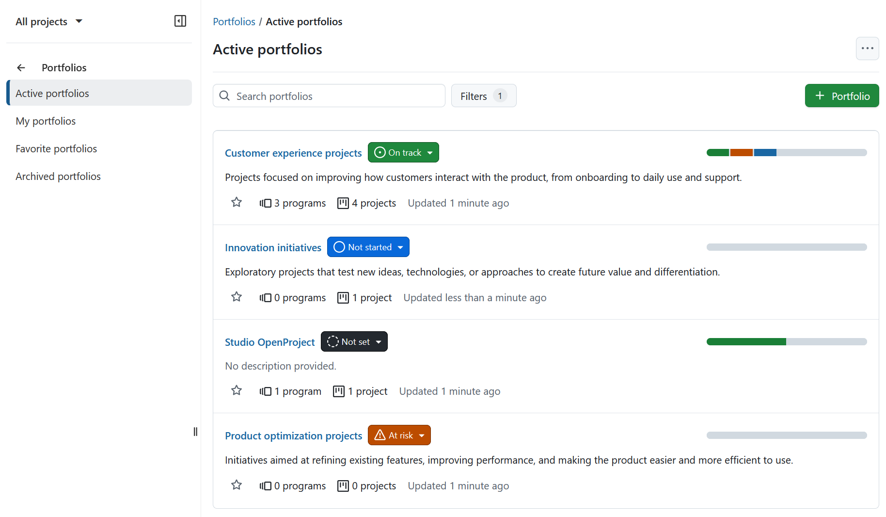Módulo global Portfolios no OpenProject