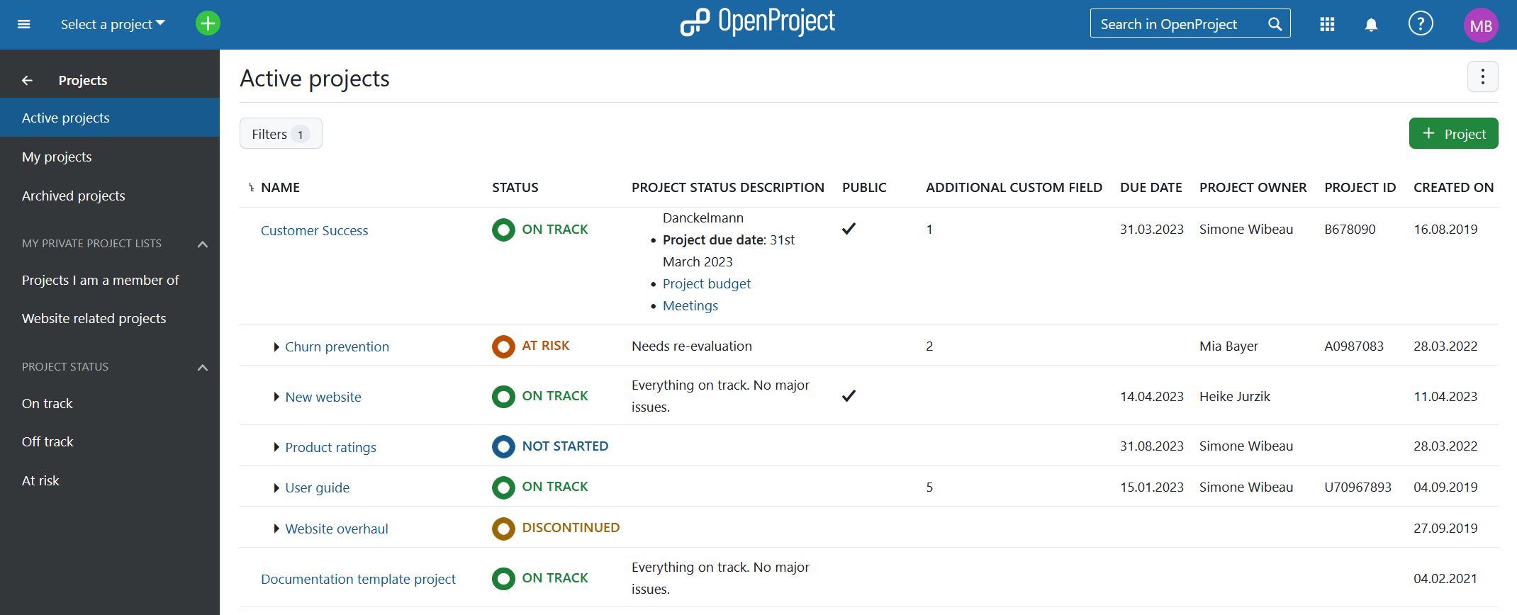 OpenProject projects overview in the global modules menu